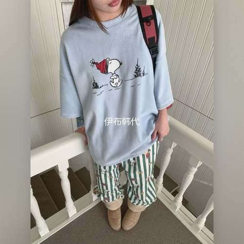 圆领毛巾料卡通小狗宽松短袖T恤