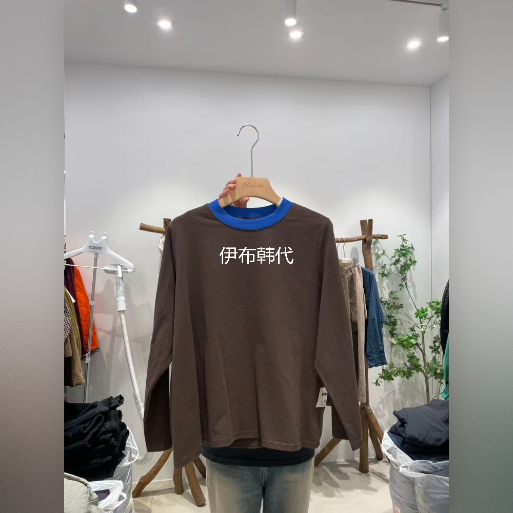 圆领拼色领棉质休闲长袖T恤