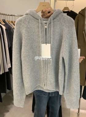 PHILO韩国东大门正品代购25秋冬 连帽纯色拉链羊毛针织开衫外套