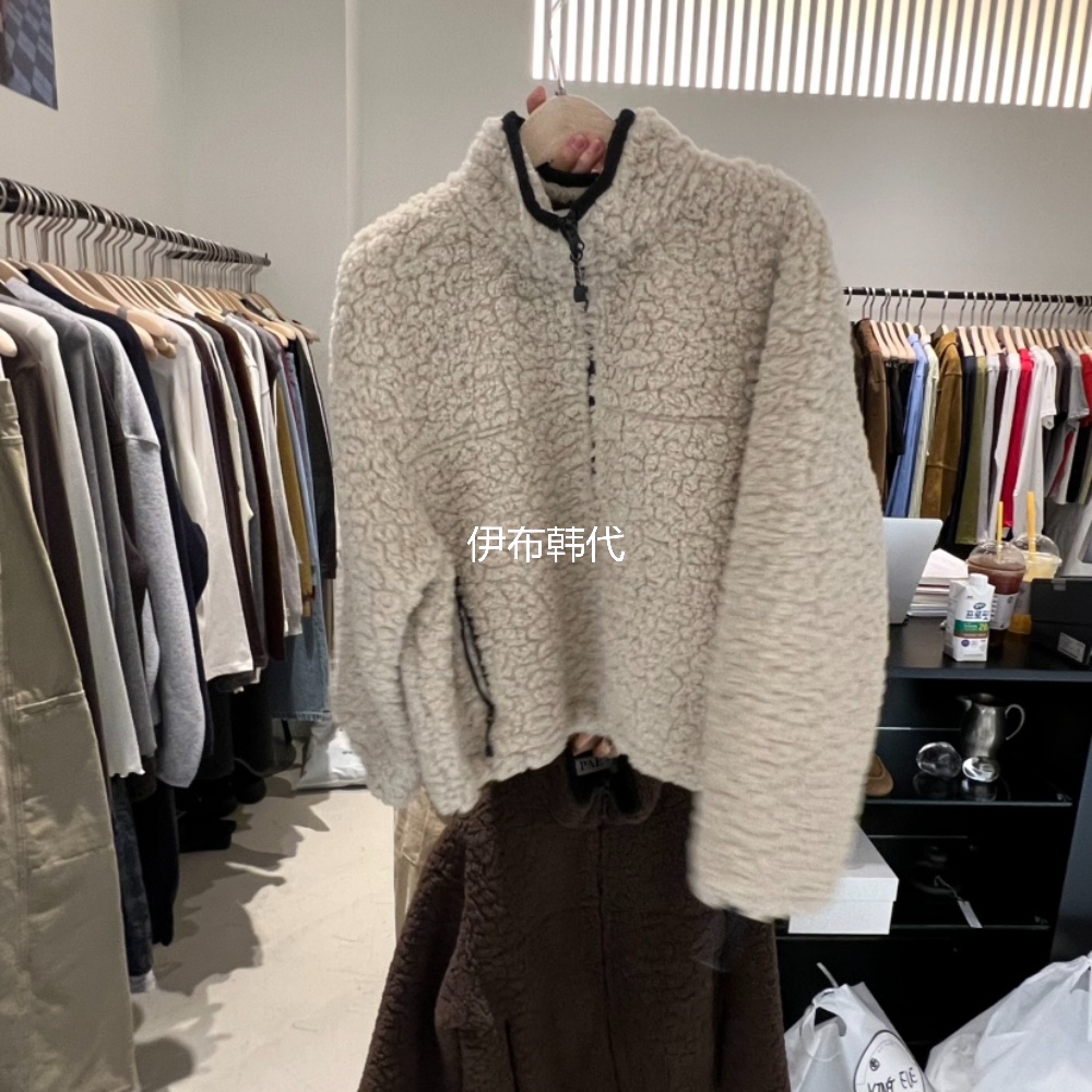 立领拉链仿羊羔毛绒短外套夹克