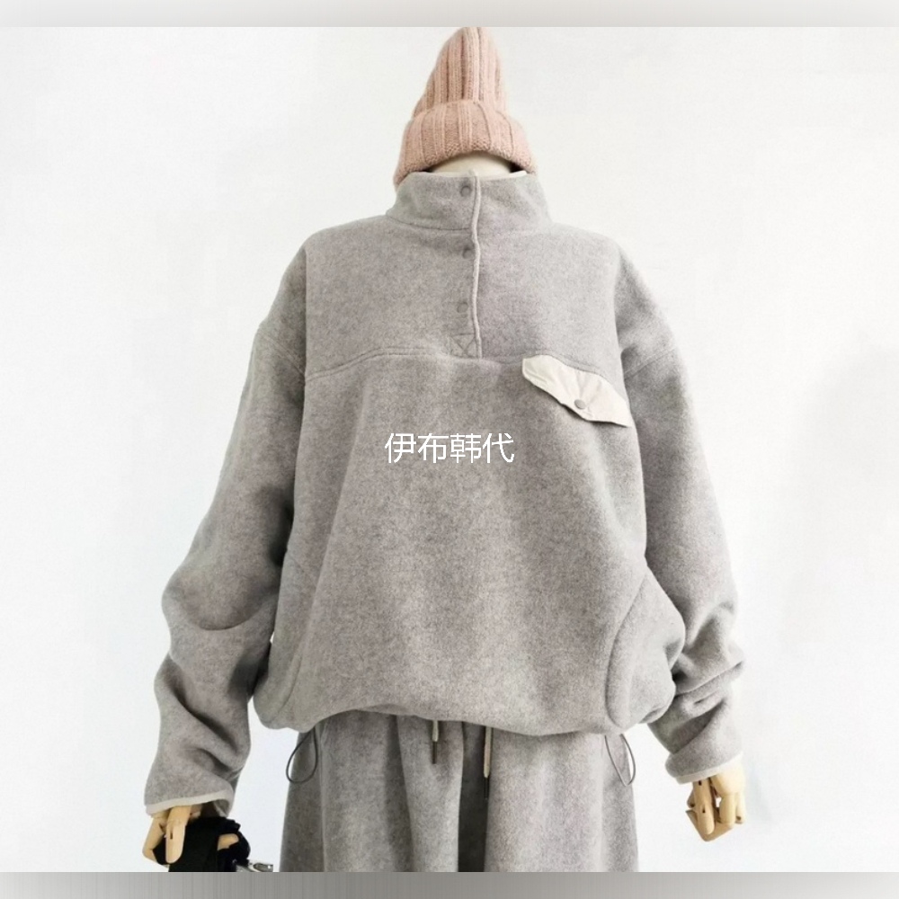 PUCO韩国东大门正品代购25冬款 立领纽扣仿羊羔毛绒宽松卫衣外套