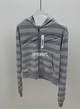SEOLO韩国东大门代购24冬款 连帽条纹小版艺术字母拉链卫衣短外套