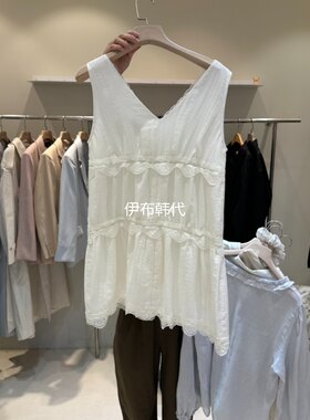 春款V领蕾丝飞边花边背心裙