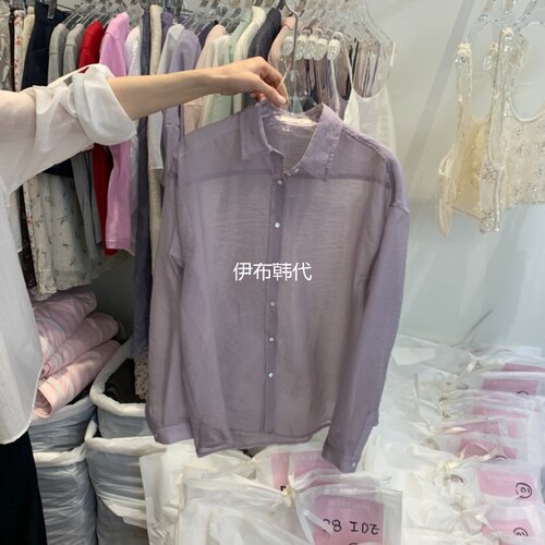 翻领休闲纯色薄款浅紫色衬衫