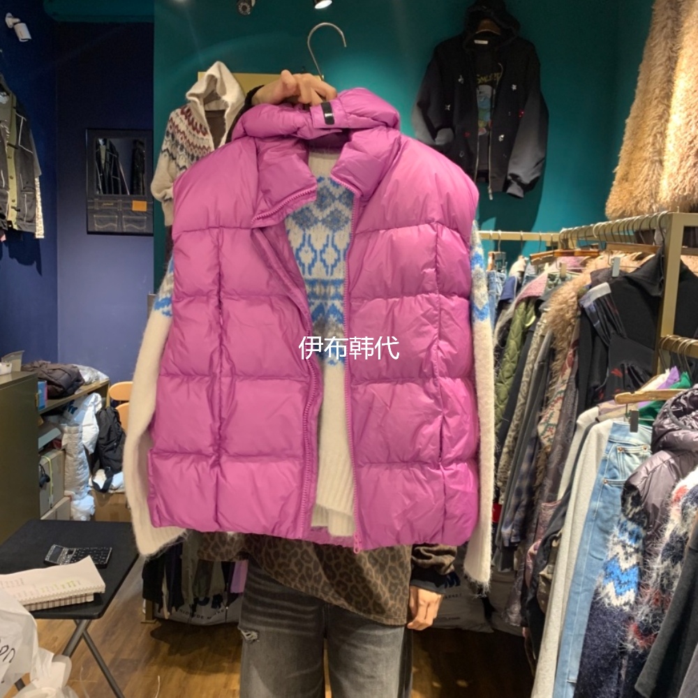 MERCI LINDA韩国东大门正品代购冬款 连帽格纹纯色保暖羽绒马夹