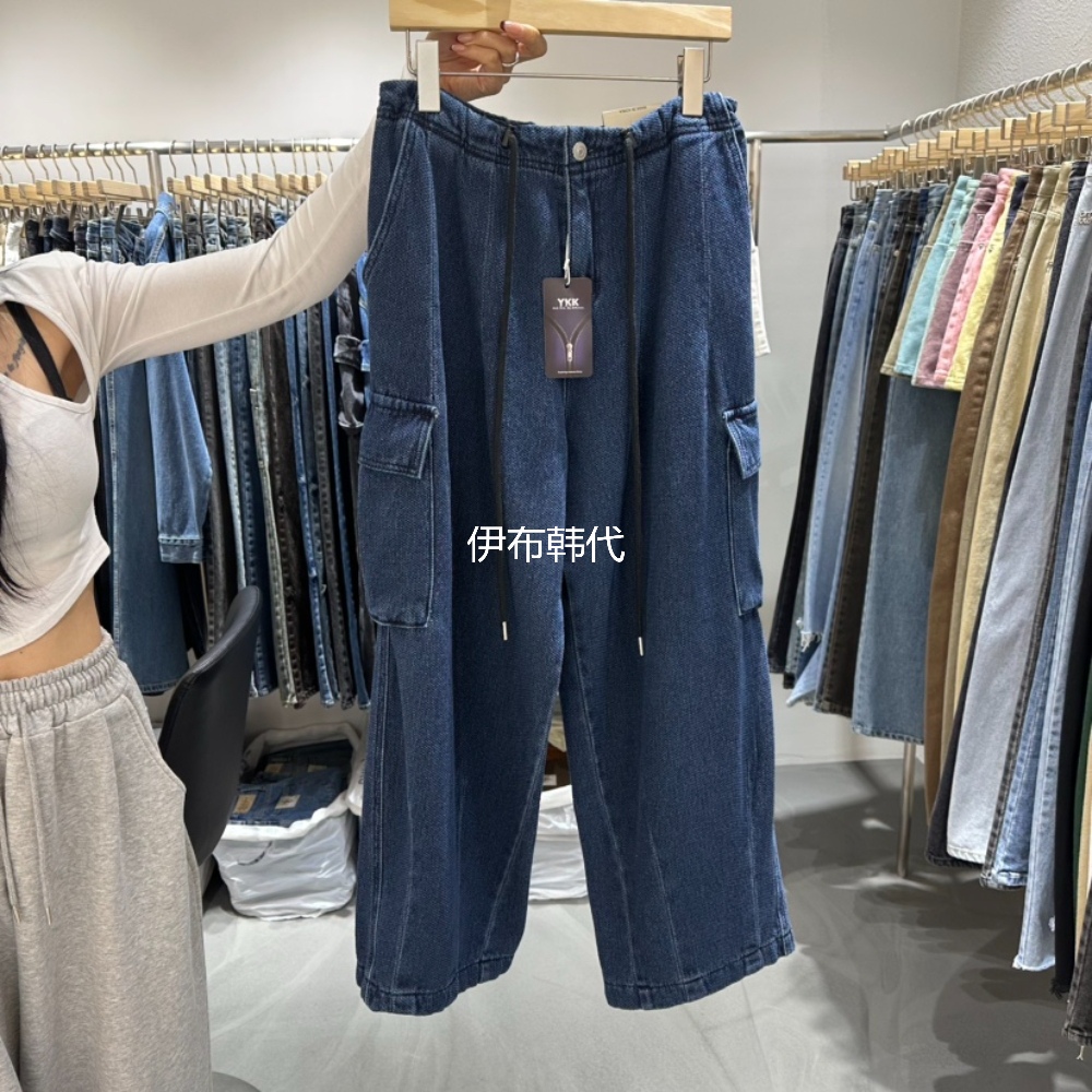 多口袋抽绳加绒宽松工装牛仔裤