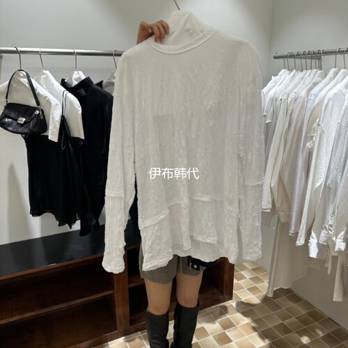 圆领休闲褶皱薄款长袖T恤女