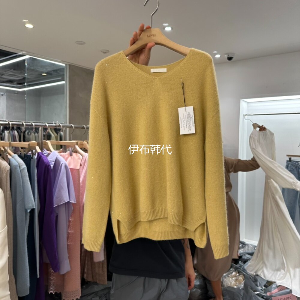 LEWIN韩国东大门正品代购26春款 V领纯色亮片休闲宽松针织衫