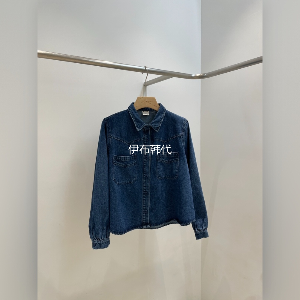 翻领休闲纯色深色牛仔衬衫女