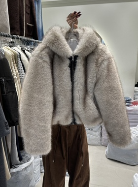 AT THE END韩国东大门正品代购冬 连帽环保毛绒仿皮草拉链短外套