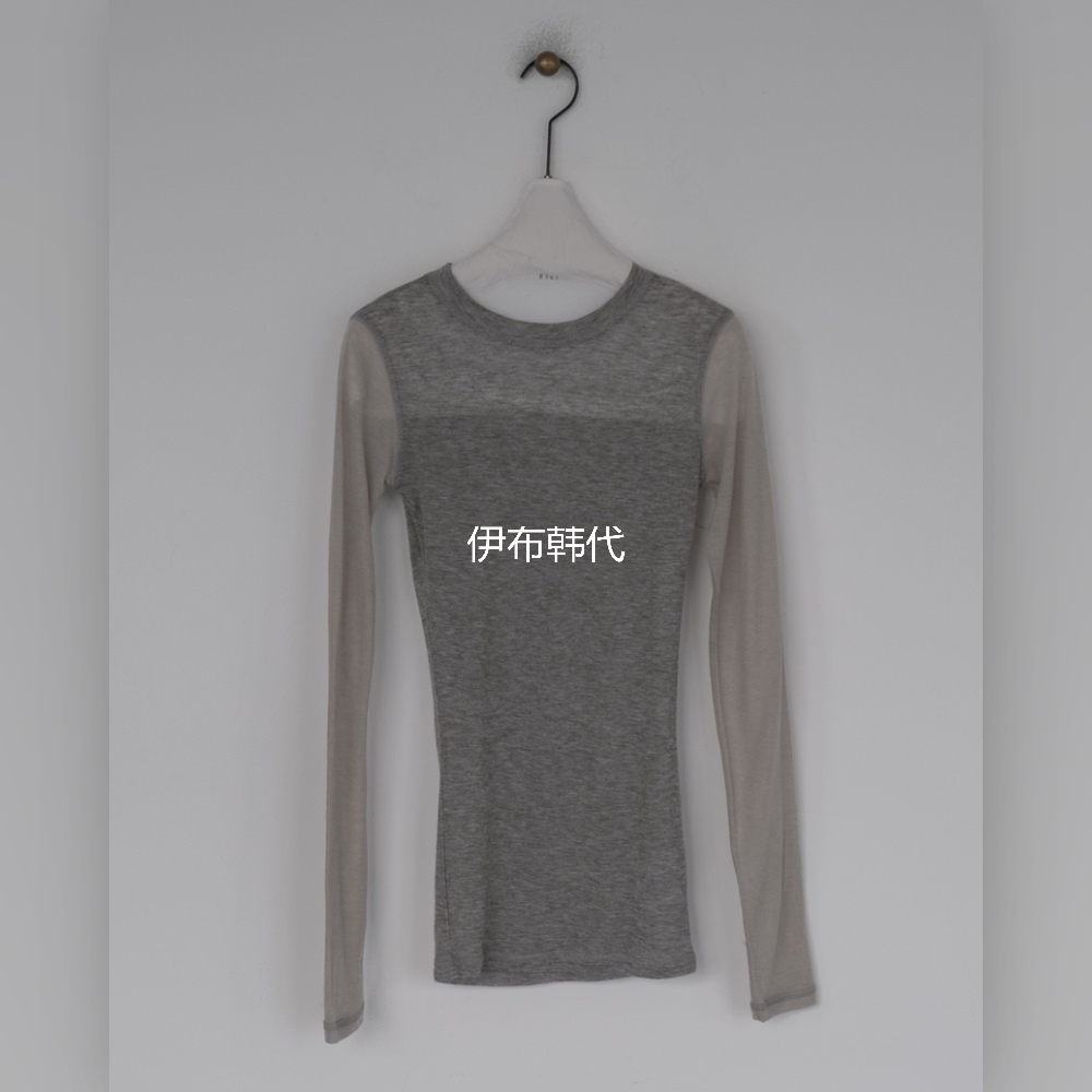 薄棉拼色袖微透修身打底衫T恤女