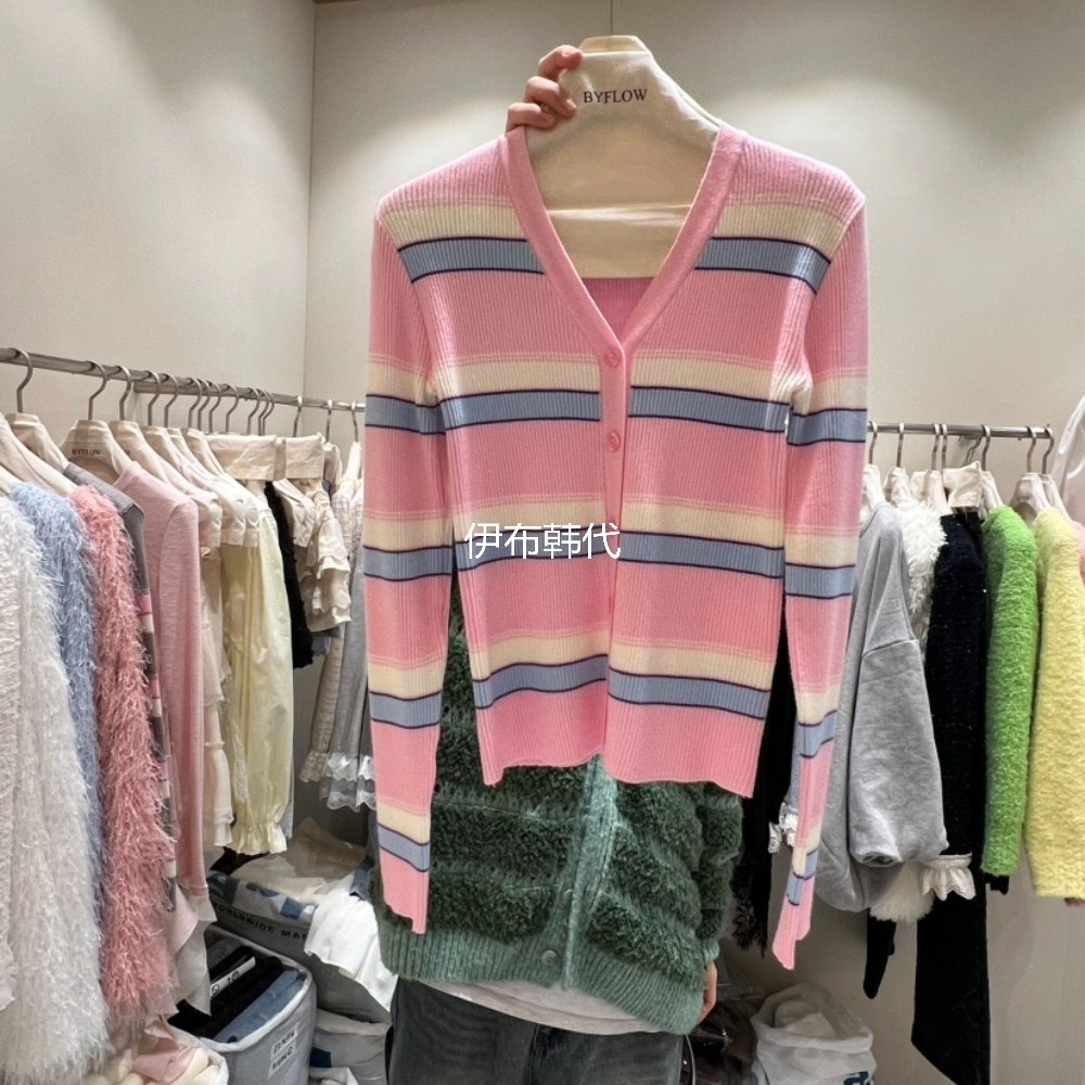 BY FLOW韩国东大门正品代购26春款 V领彩色条纹修身螺纹开衫外套
