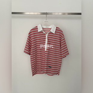 WEARABLE韩国东大门正品代购26春款 翻领休闲纽扣条纹宽松短袖T恤