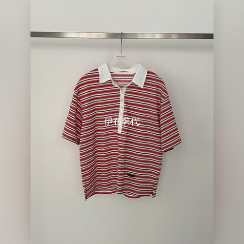 翻领休闲纽扣条纹宽松短袖T恤