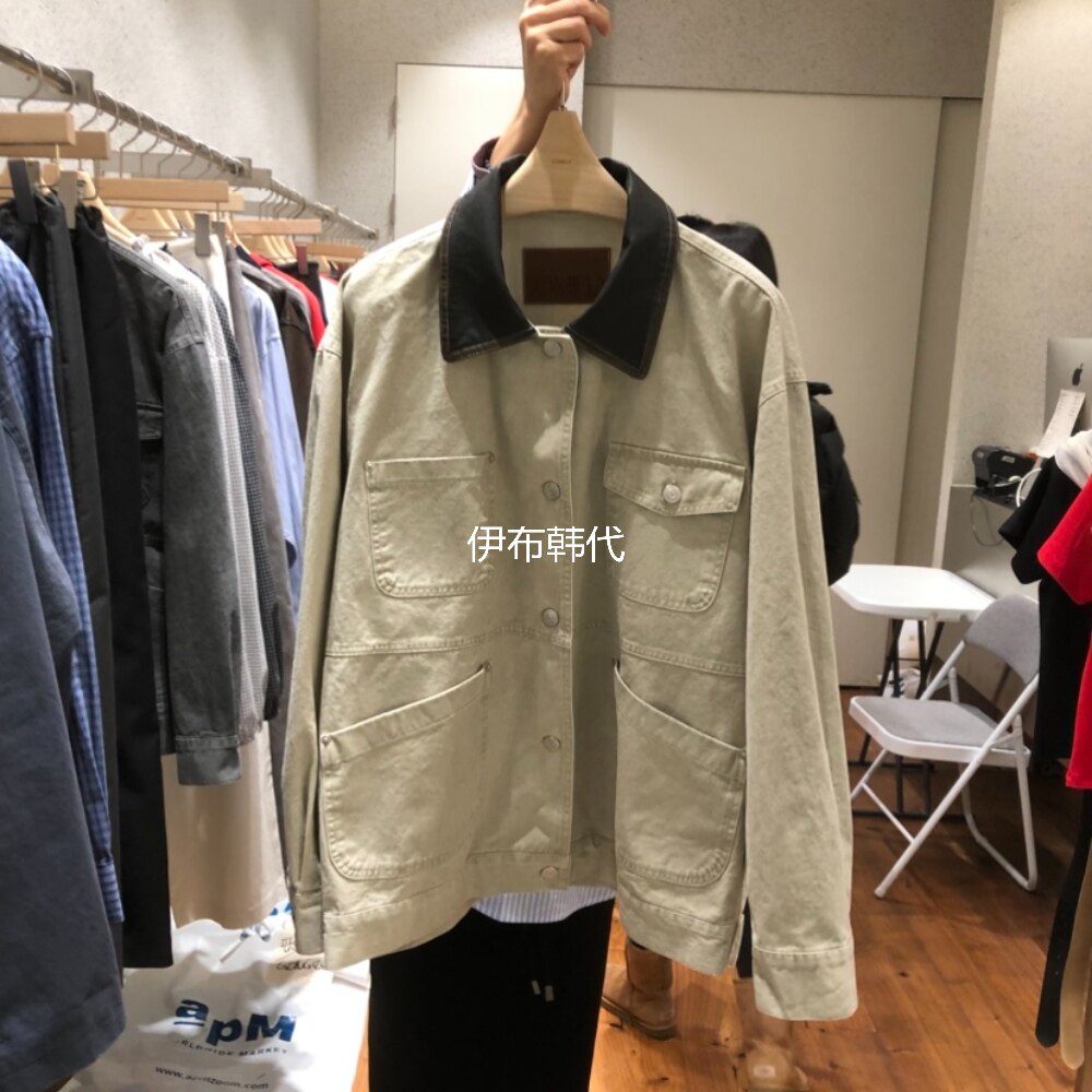 COMELY韩国东大门正品代购26春款 翻领拼色水洗做旧口袋夹克外套