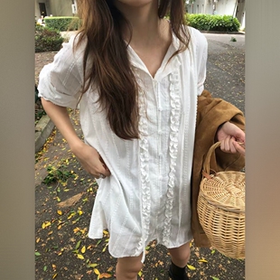 OVERTAKE韩国东大门正品代购26春 圆领木耳边绑带衬衫长裙连衣裙