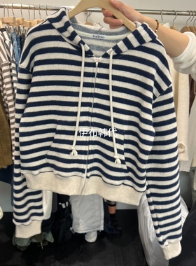 TAFFETA韩国东大门正品代购25冬款 连帽休闲简约条纹拉链卫衣外套