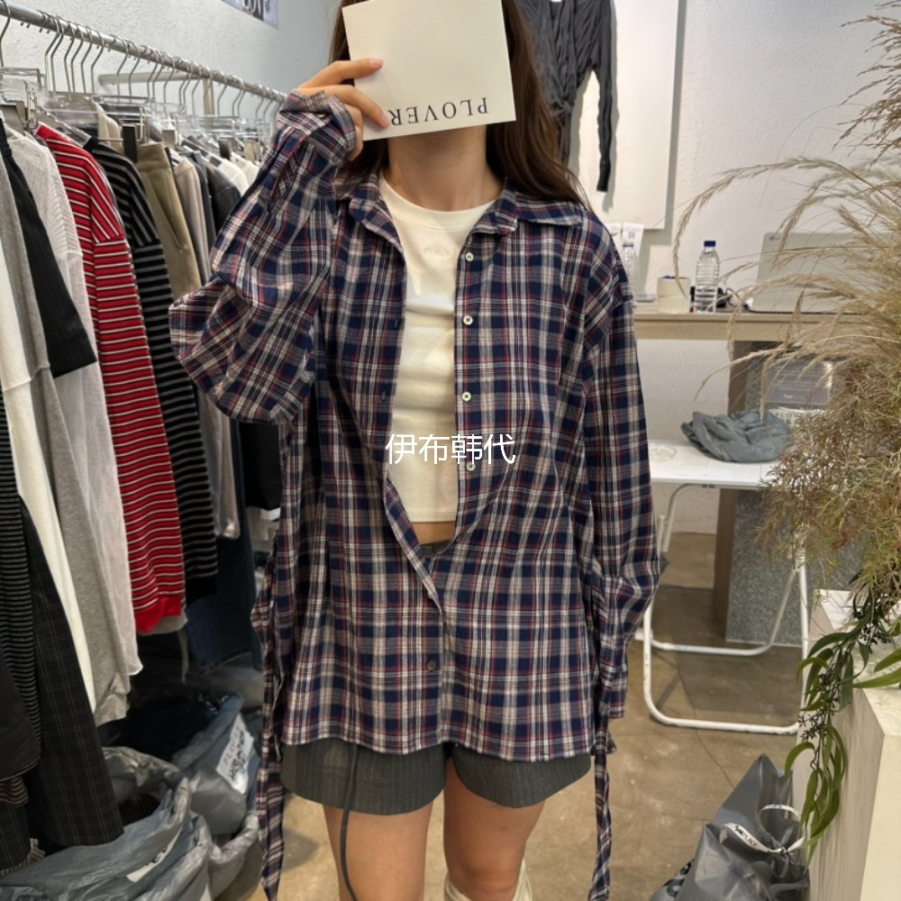 翻领休闲格子绑带宽松衬衫外套