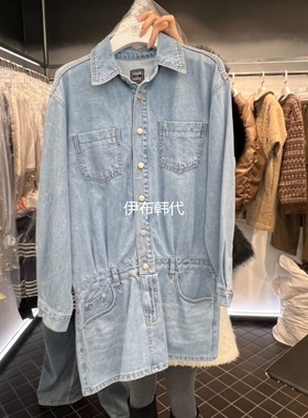 OUS/INCH韩国东大门正品代购26春款 水洗做旧牛仔衬衫拼接连衣裙