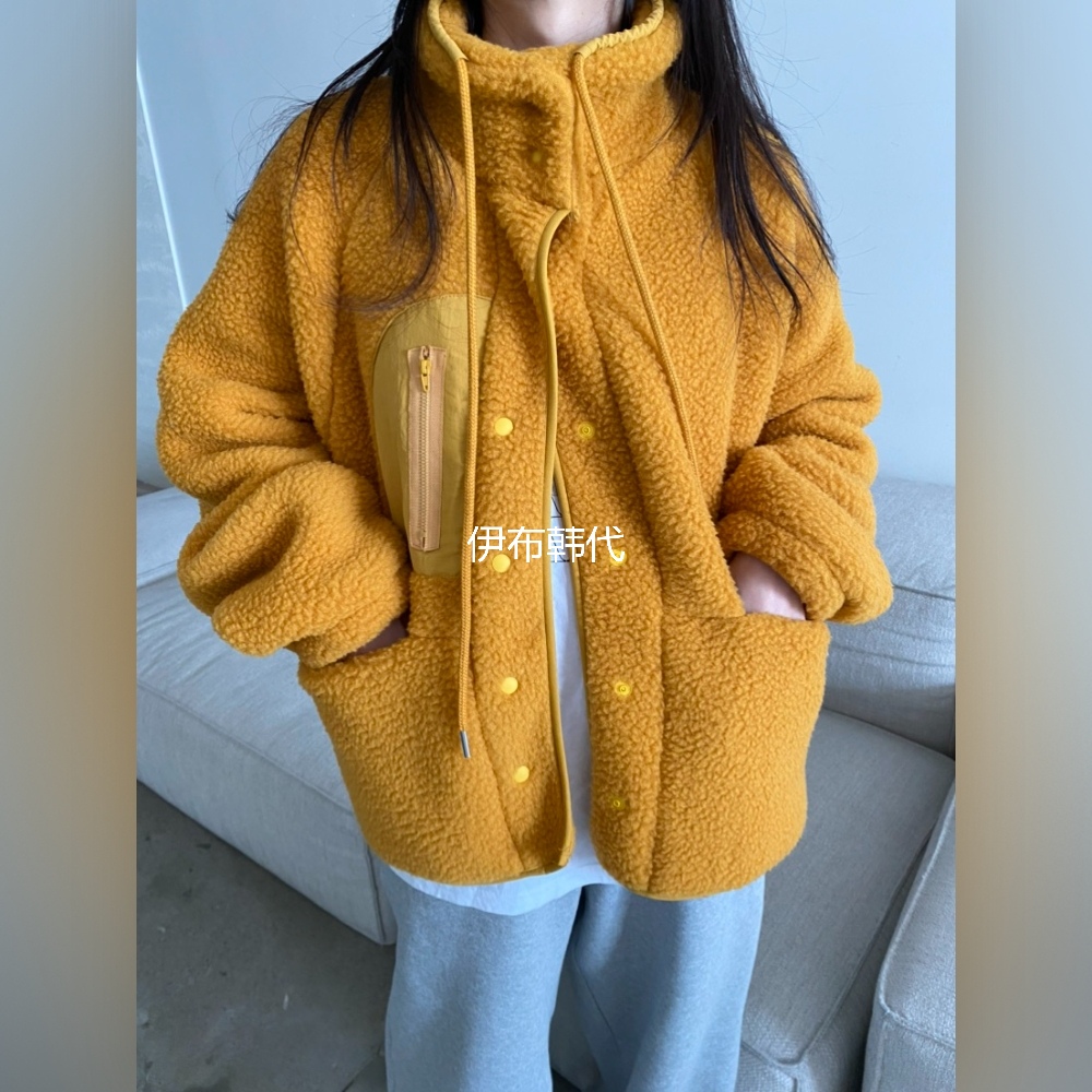 立领抽绳仿羊羔毛绒宽松外套