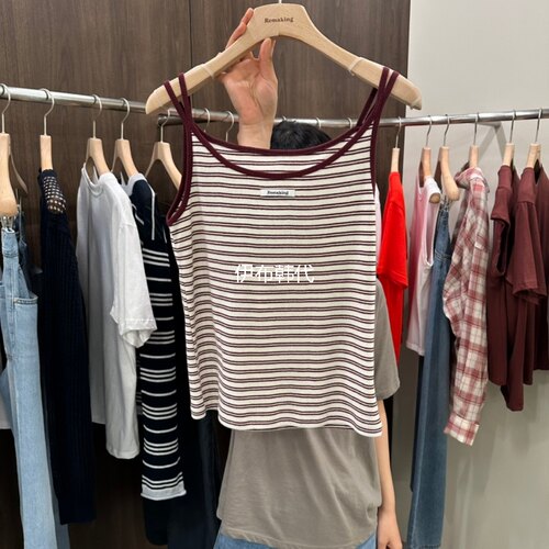 圆领细条纹棉质条纹吊带背心
