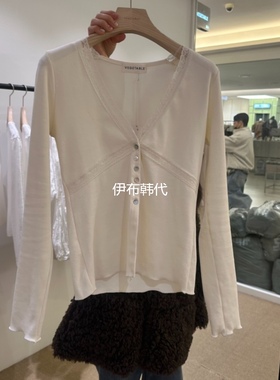 VEGETABLE韩国东大门正品代购冬款 V领蕾丝飞边花边修身打底T恤