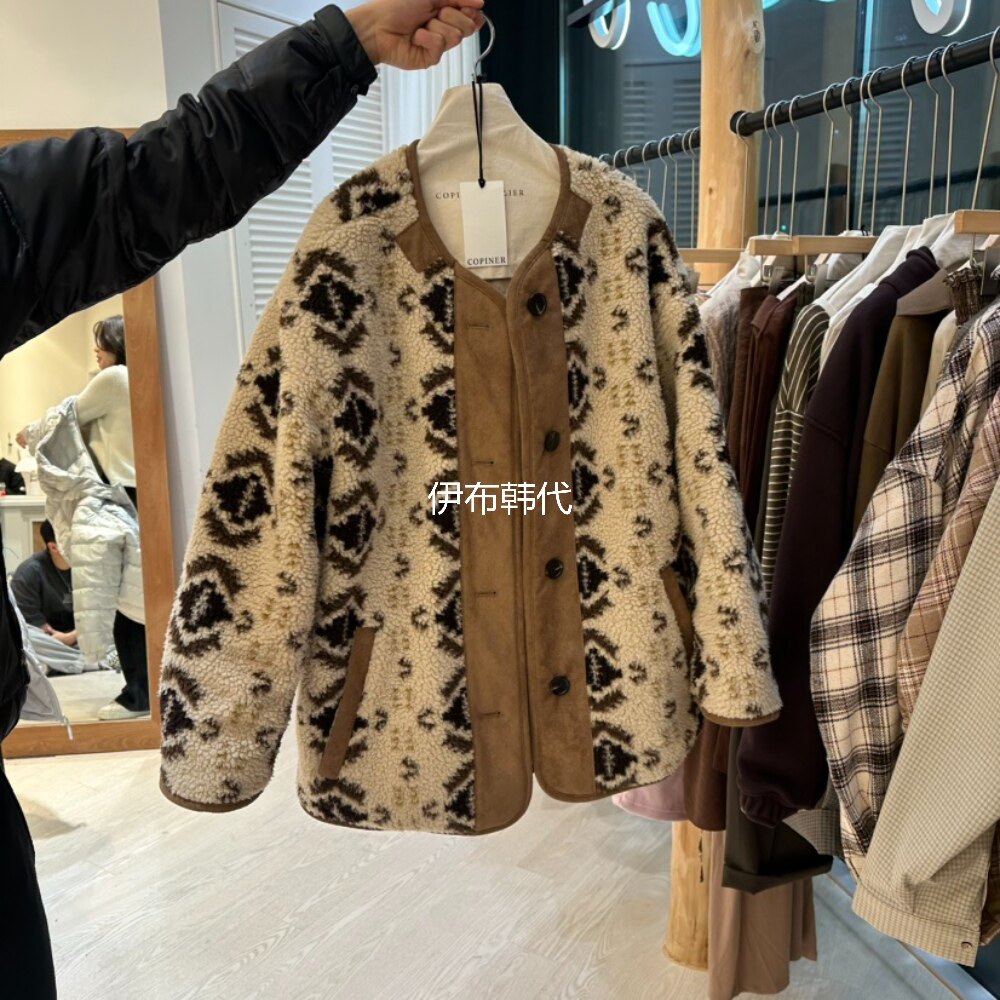 COPINER韩国东大门正品代购冬款 圆领复古羊羔毛绒格纹双面外套