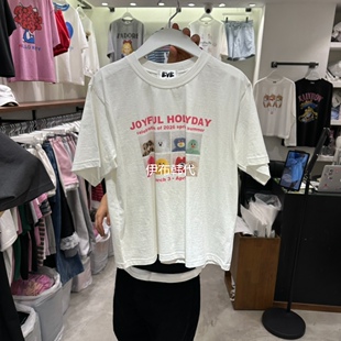 EVE韩国东大门正品代购26春款 圆领彩色小熊休闲字母短袖T恤女