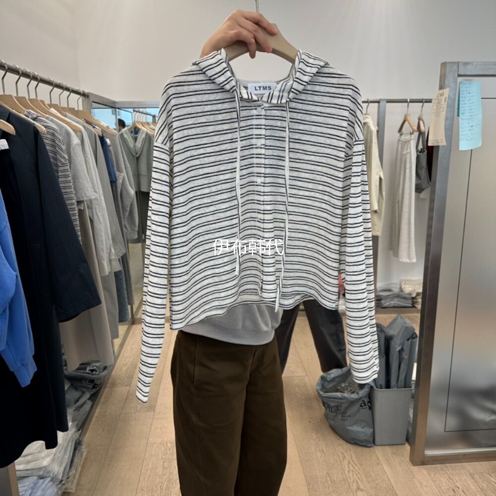LTMS韩国东大门正品代购26春款 连帽抽绳细条纹纽扣开衫外套