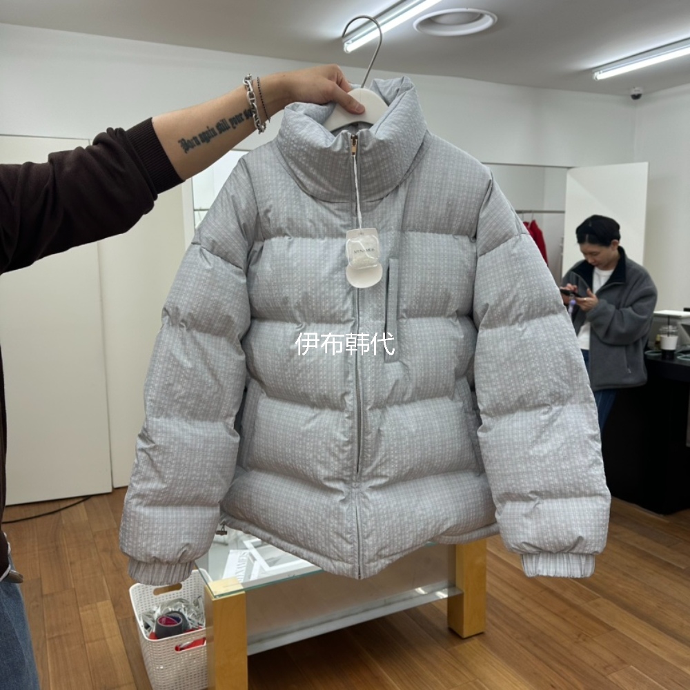 立领格纹羊羔棉绒内里羽绒服外套