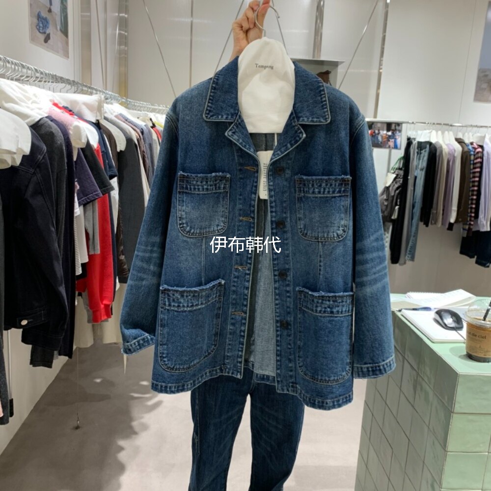 翻领水洗做旧口袋牛仔外套夹克图片