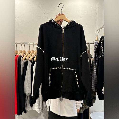 连帽钉珠珍珠宽松拉链卫衣外套