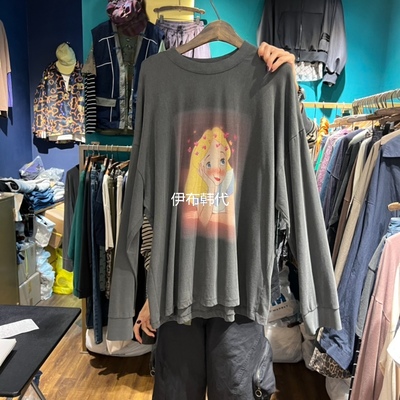 水洗做旧卡通外国女孩宽松T恤
