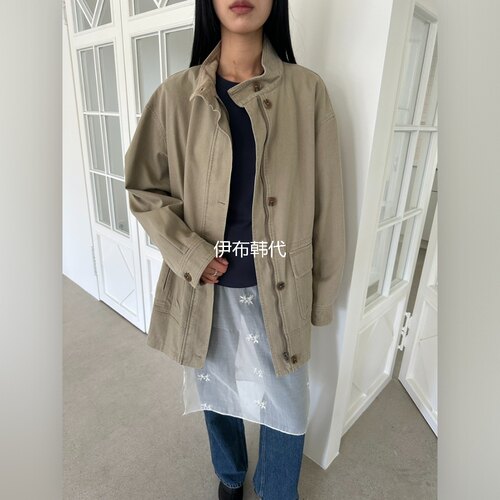立领拉链水洗做旧工装风衣外套
