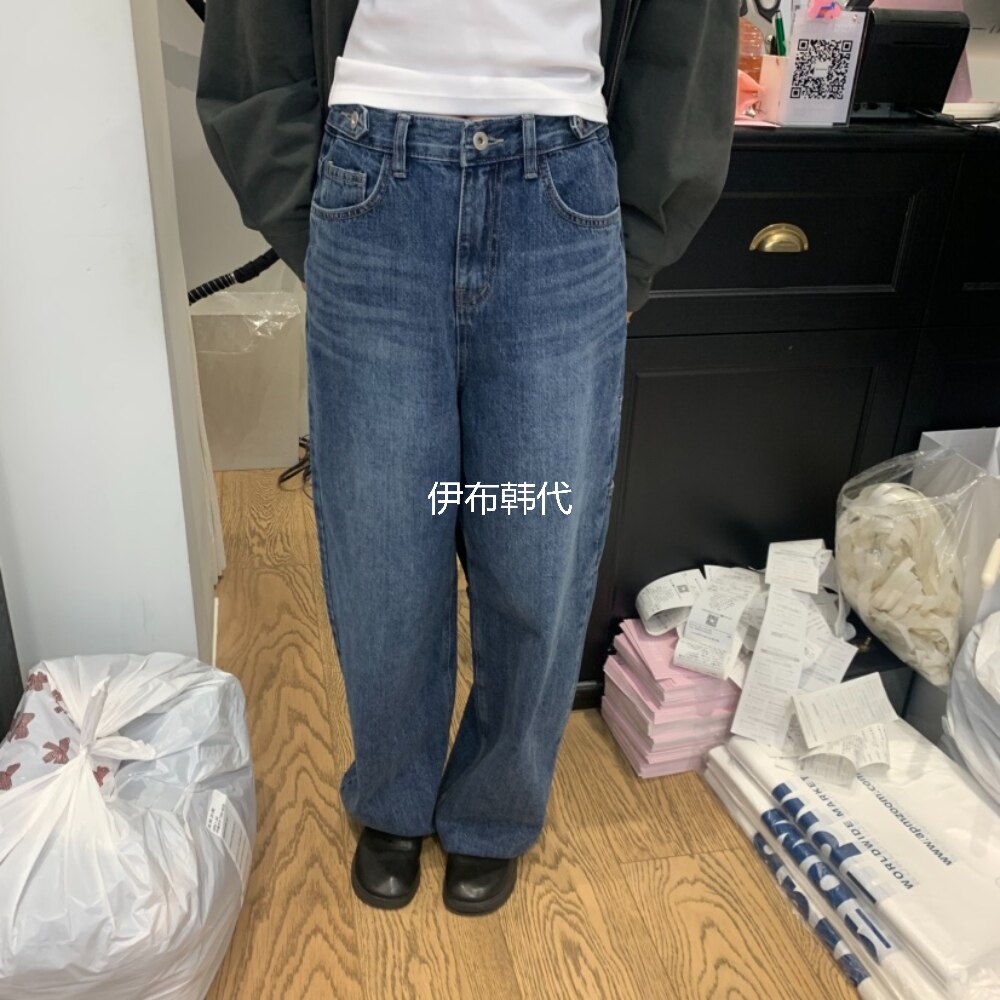 RIVEROOM韩国东大门代购26秋款 磨白做旧裤腰纽扣口袋直筒牛仔裤