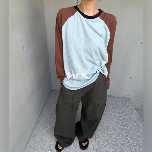 圆领棉质插肩休闲长袖T恤女