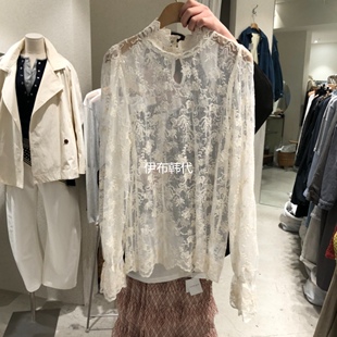 SSEMIENNE韩国东大门正品代购26春款 半高领透明蕾丝花朵打底衫