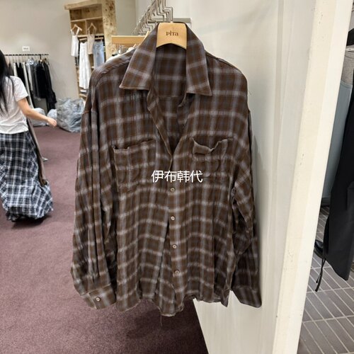 翻领休闲格子褶皱时尚衬衫