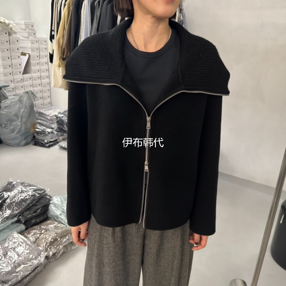 针织翻领拼接毛呢羊毛拉链外套