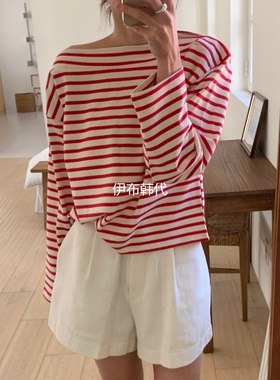 KOMOREBI韩国东大门正品代购26春款 圆领休闲一字领露肩长袖T恤