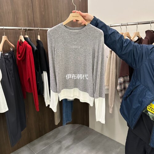 圆领纯色休闲袖子拼接字母T恤