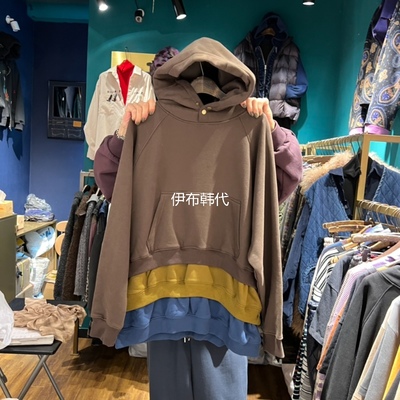 连帽纽扣层叠假两件加绒宽松卫衣