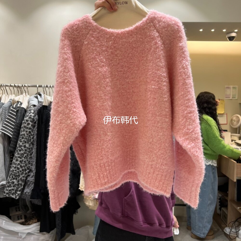 圆领休闲纯色毛绒插肩针织衫毛衣