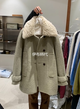 TEMPTING韩国东大门代购25冬 翻领羊羔毛领毛呢长款大衣羊毛外套