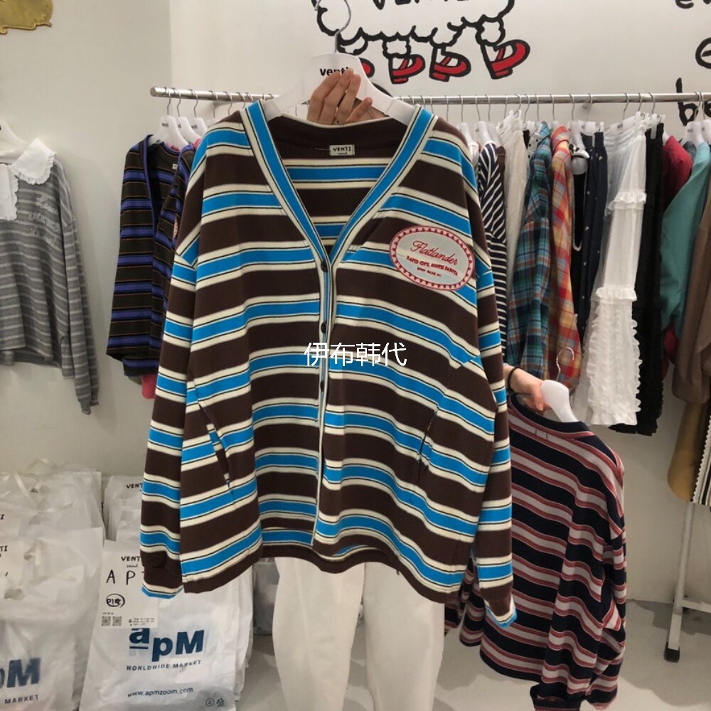VENTI韩国东大门正品代购26春 V领彩色条纹休闲宽松卫衣开衫外套