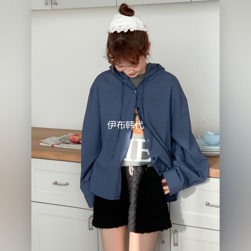 BEFORE SUNRISE韩国东大门正品代购26春 连帽抽绳小格子衬衫外套