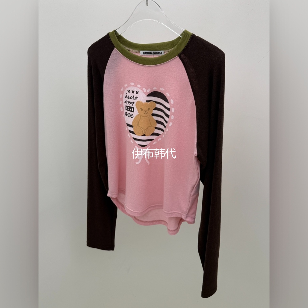 彩色棉质卡通爱心小熊短款T恤女