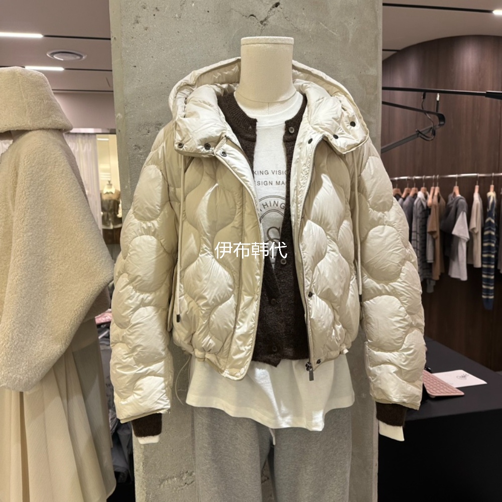 连帽波浪纹抽绳短款羽绒服外套