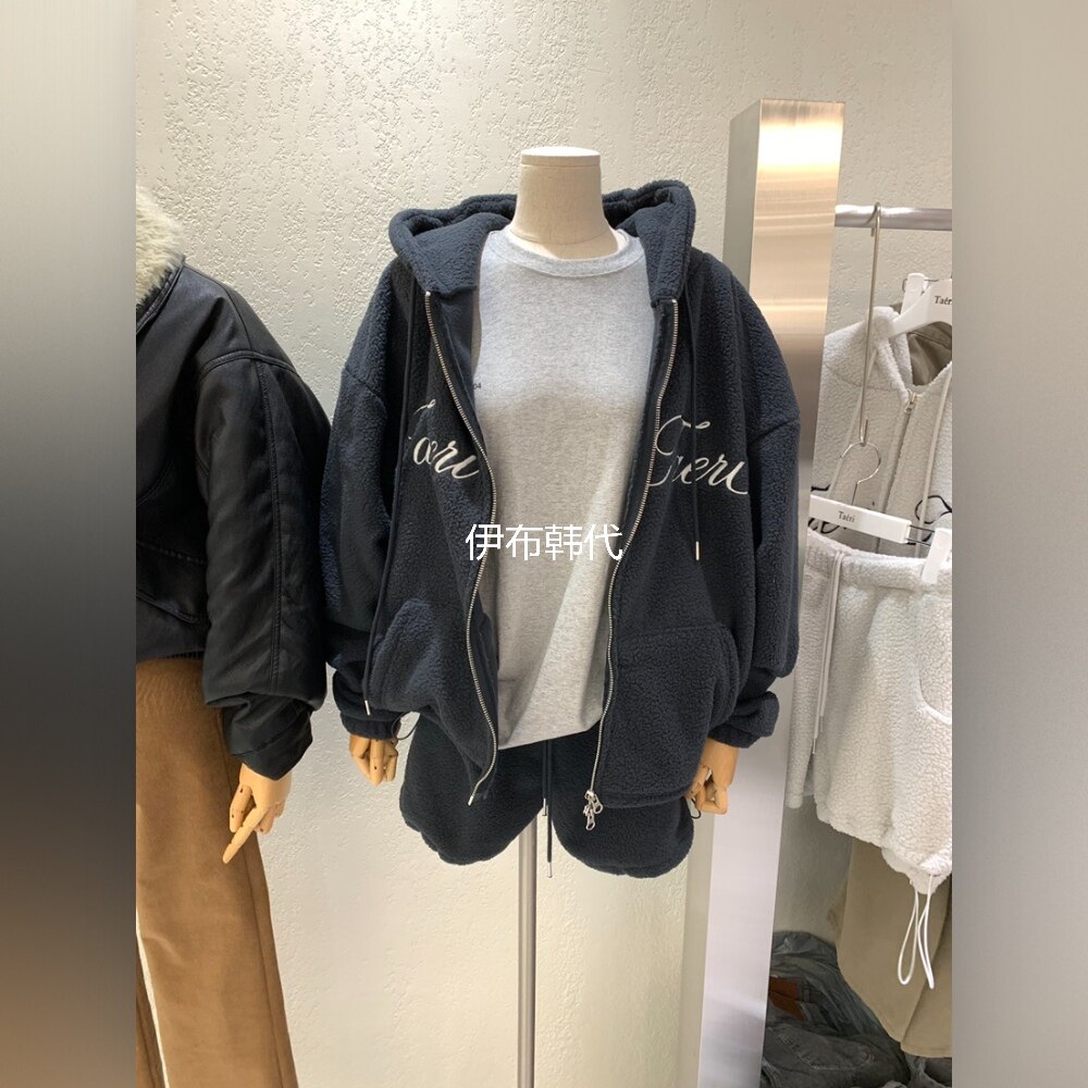 TAERI韩国东大门正品代购26冬 连帽仿羊羔毛绒摇粒绒字母拉链外套