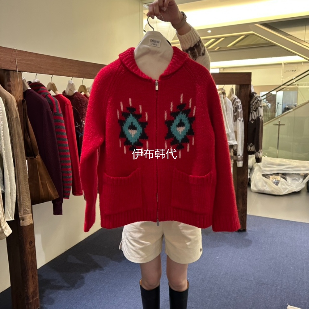 复古彩色菱形格羊毛针织开衫外套